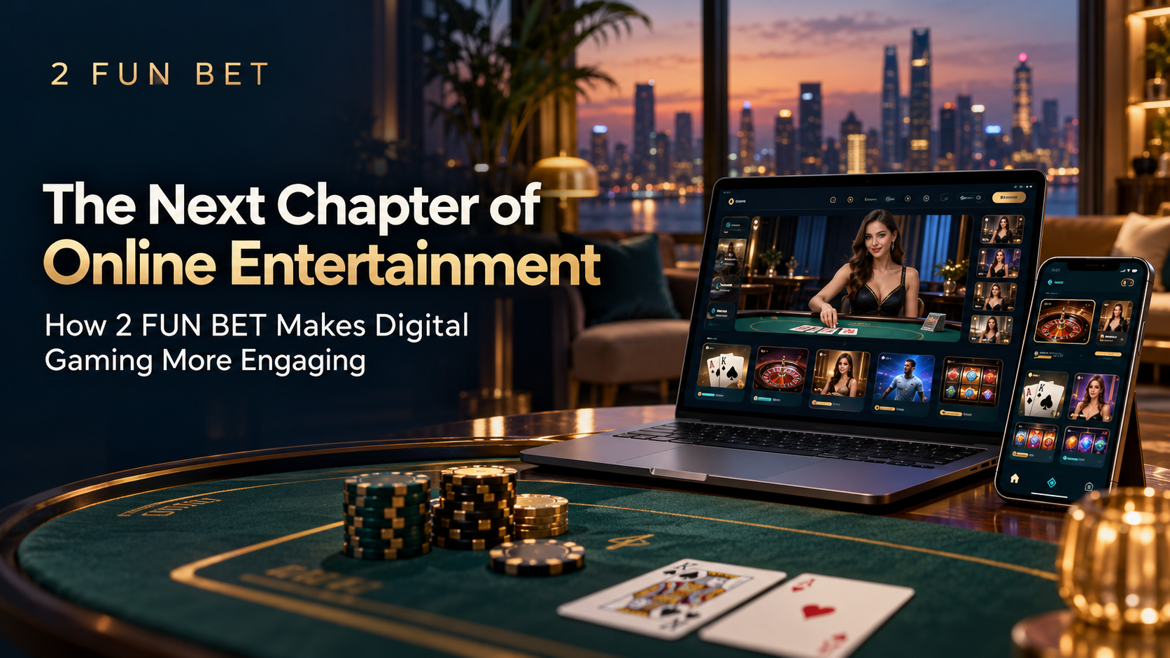 2 FUN BET online casino on laptop and mobile with city skyline