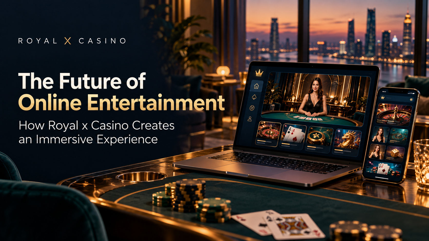 Royal x Casino promotional banner showing live dealer games on a laptop and smartphone against a luxury city skyline background