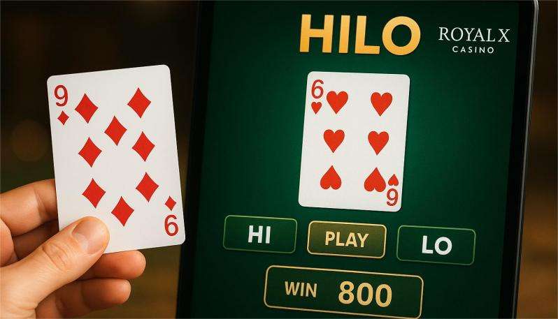 A hand holding the 9 of diamonds card, with a tablet screen in the background displaying the Royal X Casino HILO game interface, showing the 6 of hearts card along with the “HI,” “LO,” “PLAY” buttons and a winning amount of 800.
